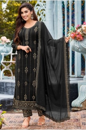 aïd noir salwar kameez en fausse georgette brodée SK14532