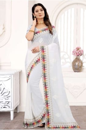 sari en georgette brodé en blanc SR21908
