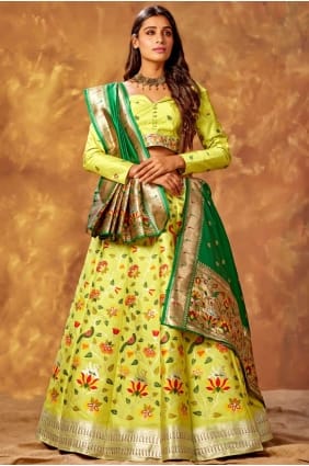 tissage de soie jaune, vert fête lehenga choli avec dupatta LC5446