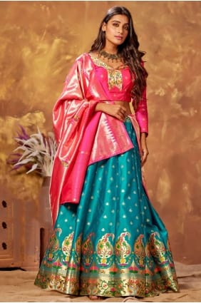partie de tissage turquoise lehenga choli en soie LC5450