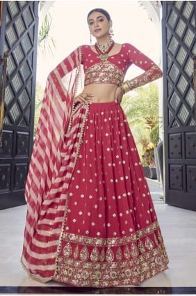 partie de georgette brodée lehenga choli en rouge corail avec dupatta LC5455