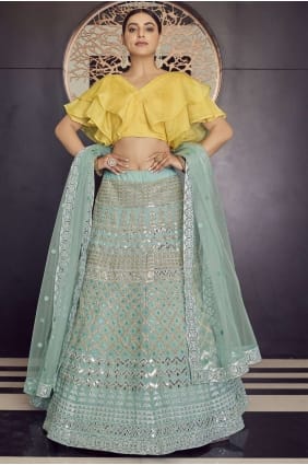 partie lehenga choli en organza turquoise avec brodé LC5459