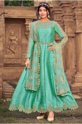 costume brodé de soie vert mer aïd anarkali avec dupatta AS3114