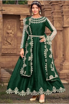 costume eid anarkali vert en soie brodée AS3116