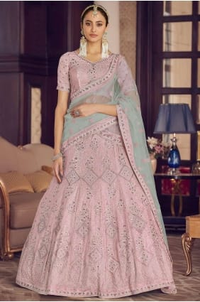 crêpe party lehenga choli en pêche avec broderie LC5484
