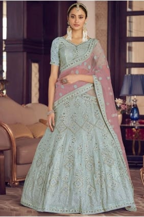 partie turquoise choli lehenga en crêpe avec brodé LC5485