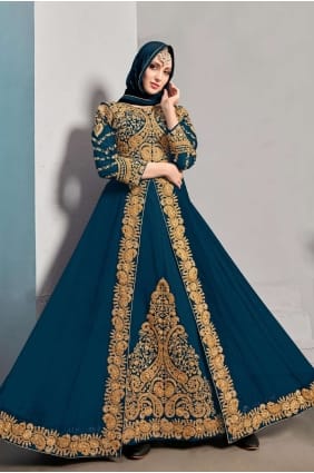 georgette sarcelle bleu anarkali costume brodé AS3195