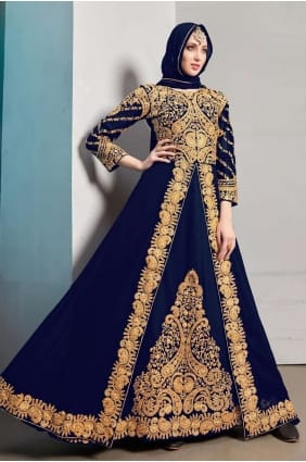 costume bleu anarkali en georgette brodée AS3197