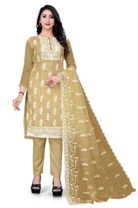 salwar kameez beige en organza brodé SK14766