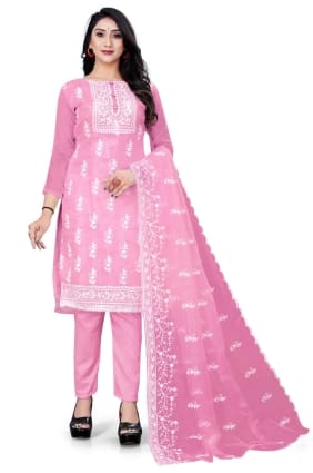 salwar kameez brodé en organza rose avec dupatta SK14767