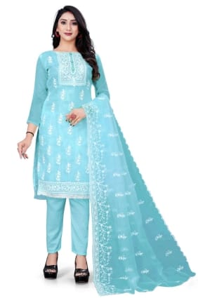salwar kameez brodé en organza bleu ciel avec dupatta SK14768