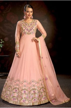 costume anarkali en résille rose avec broderie AS3222