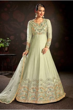 costume net anarkali en vert avec brodé AS3225
