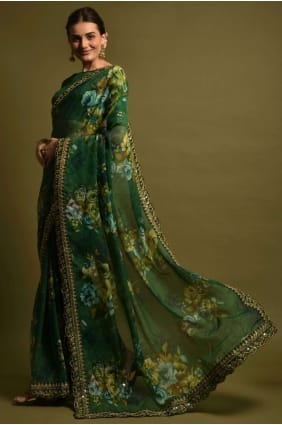 sari vert en georgette brodé et imprimé avec chemisier SR22403