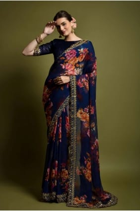 sari bleu georgette brodé, imprimé SR22404