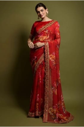 sari rouge avec georgette brodée et imprimée SR22405
