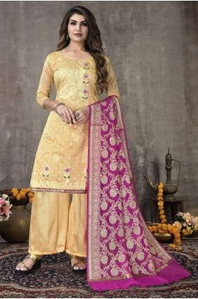 chanderi salwar kameez orange brodé avec dupatta SK14798