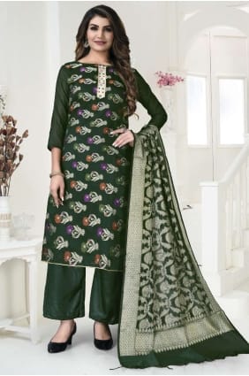 tissage salwar kameez en soie verte banarasi SK14835