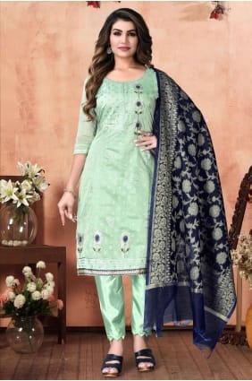 salwar kameez vert d'eau en chanderi brodé SK14845