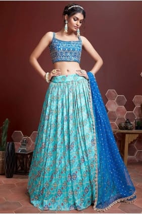 impression numérique soie bleu partie lehenga choli avec dupatta LC5634