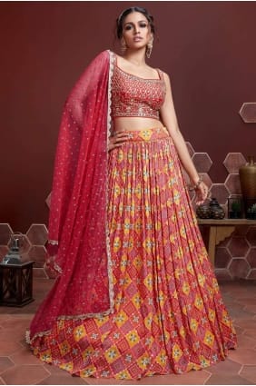 fête d'impression numérique en soie rouge lehenga choli avec dupatta LC5635