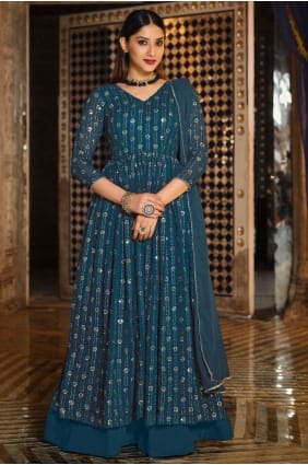 georgette salwar kameez brodé en bleu sarcelle avec dupatta PZ3102