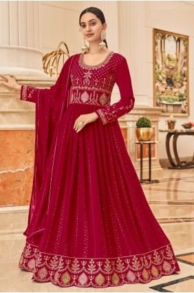 costume anarkali en fausse georgette brodé en rose avec dupatta AS3237