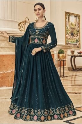 costume anarkali bleu sarcelle en fausse georgette brodé AS3238