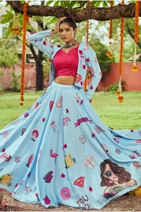 choli lehenga imprimé bleu ciel en coton LC5747