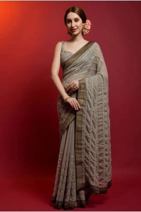miroir, georgette sari brodée en gris SR22518