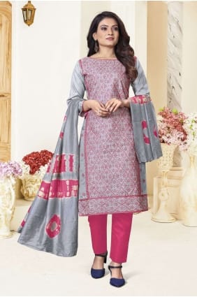 salwar kameez en soie imprimée en gris avec dupatta SK14931