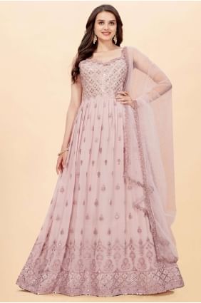 costume anarkali rose rose en fausse georgette avec broderies AS3257