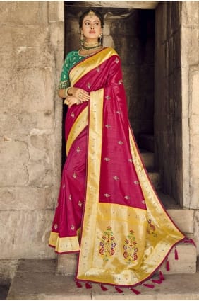 bordure de dentelle banarasi soie banarasi sari en rouge SR22538