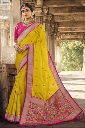 sari banarasi jaune en soie banarasi bord dentelle SR22539