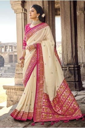 sari banarasi en soie banarasi blanc cassé avec bordure en dentelle SR22540