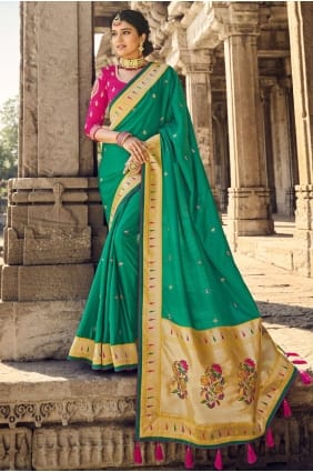 bordure en dentelle banarasi soie banarasi sari en vert d'eau SR22541