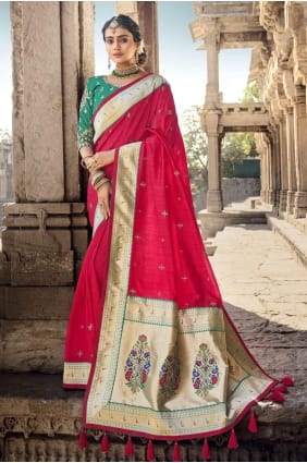 bordure en dentelle banarasi soie banarasi sari en rouge avec chemisier SR22544