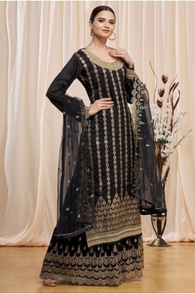 costume islamique palazzo en jacquard noir avec brodé PZ3134
