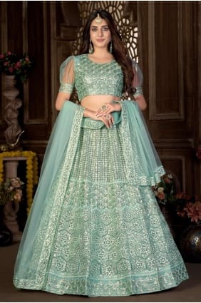 filet brodé bleu ciel Diwali lehenga choli avec dupatta LC5836