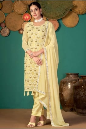 salwar kameez en fausse georgette diwali jaune avec broderies SK14959