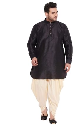 banglori soie noir homme dhoti kurta en plaine KURU0062