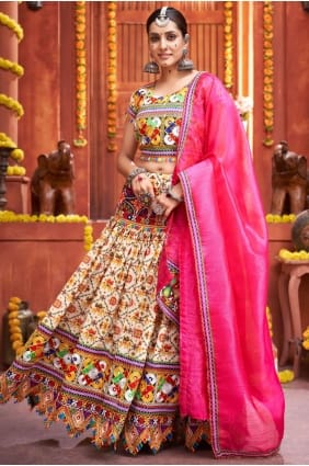 navratri lehenga choli en soie crème avec imprimé LC5787