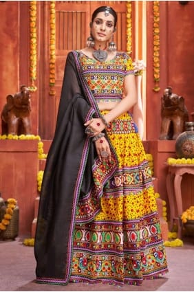 navratri lehenga choli en soie imprimée jaune LC5788