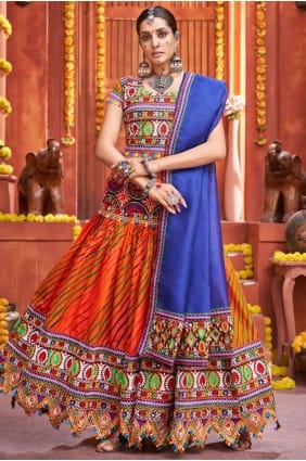 navratri lehenga choli en soie imprimée orange avec dupatta LC5789