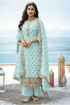 costume palazzo diwali bleu ciel avec fausse georgette brodée PZ3190