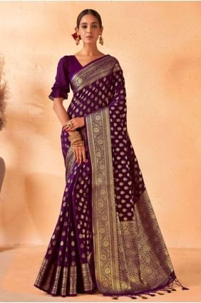 sari en georgette violette avec tissage SR22785