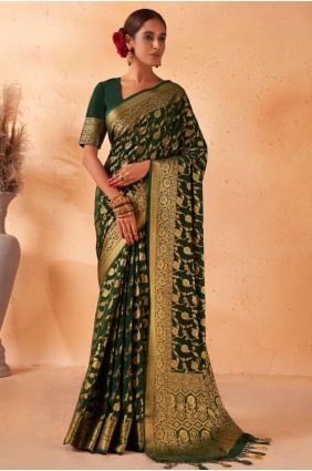 sari tissage vert en georgette SR22786