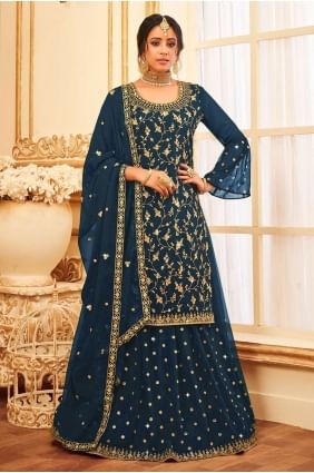 Costume pakistanais brodé en georgette bleu sarcelle SS0897