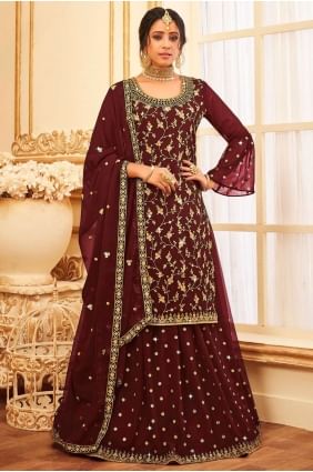 costume pakistanais en georgette brodée bordeaux SS0898