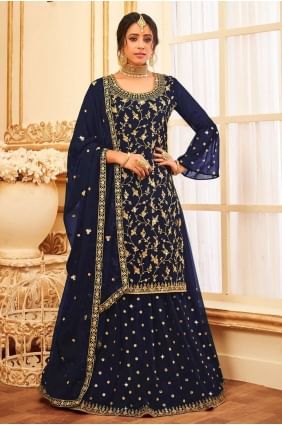 costume pakistanais bleu en georgette brodée SS0899